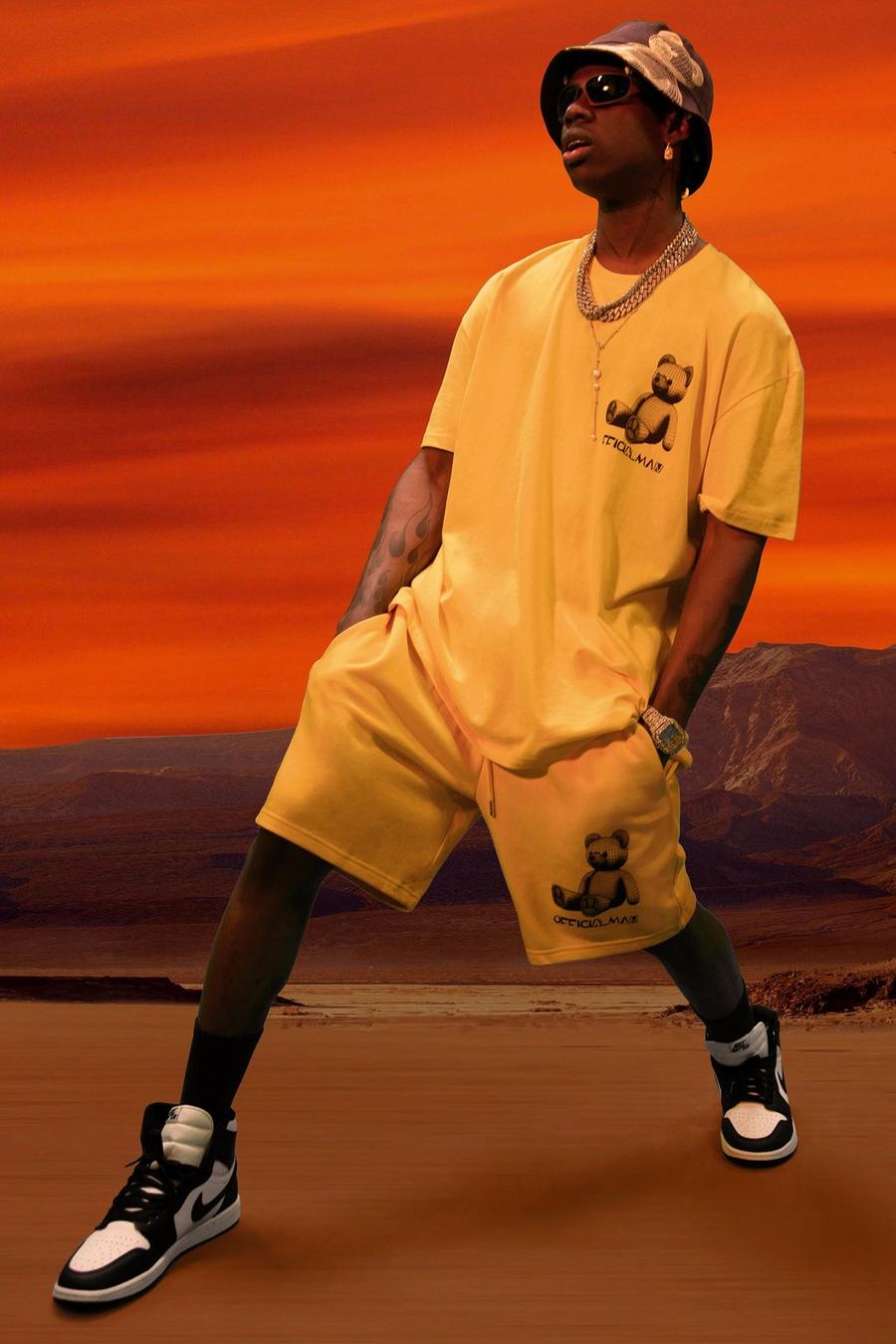 Oversize T-Shirt und Shorts mit Teddy-Print, Yellow image number 1