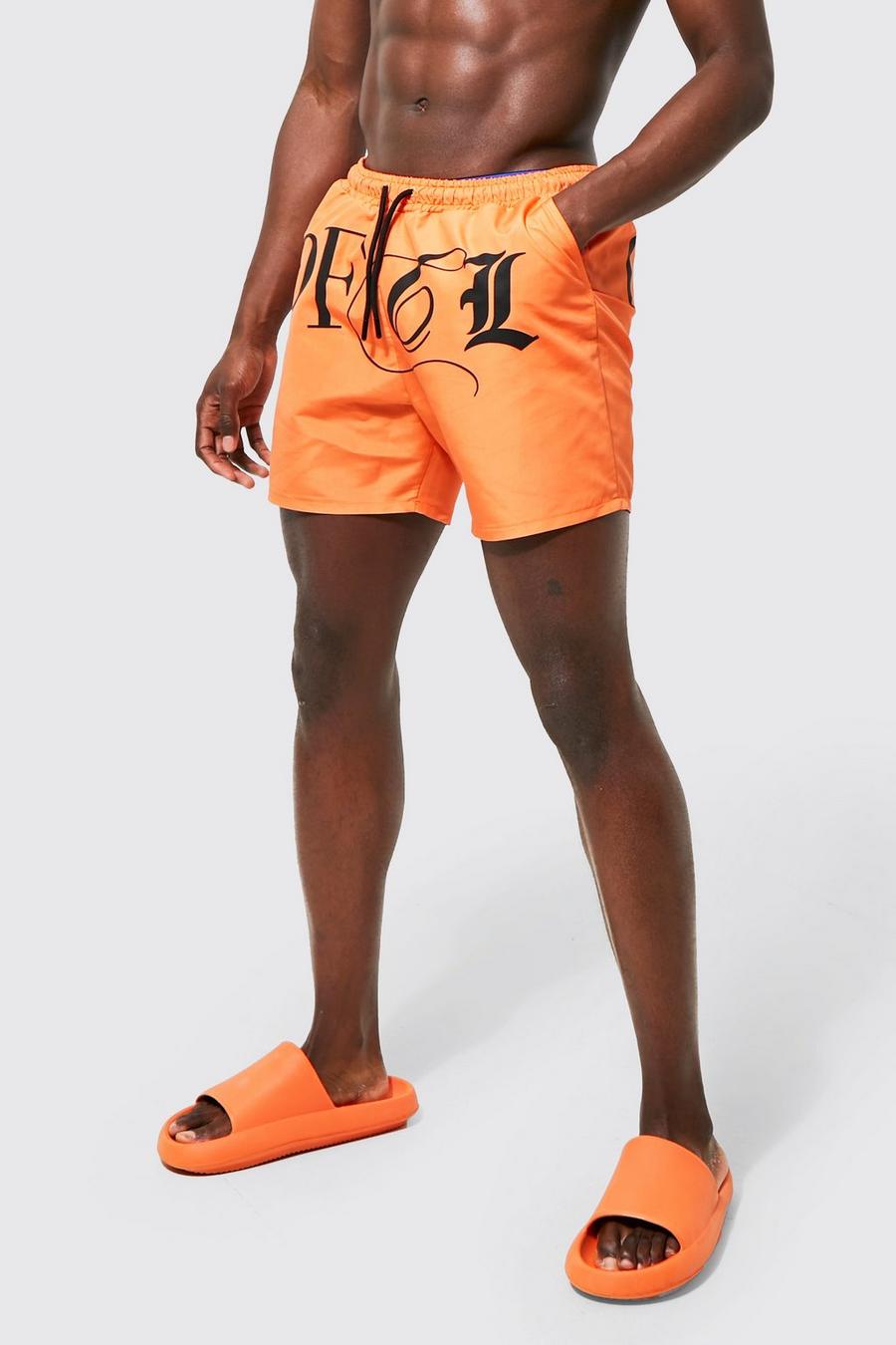 Neon-orange Mid Length Gothic Ofcl Swim Shorts