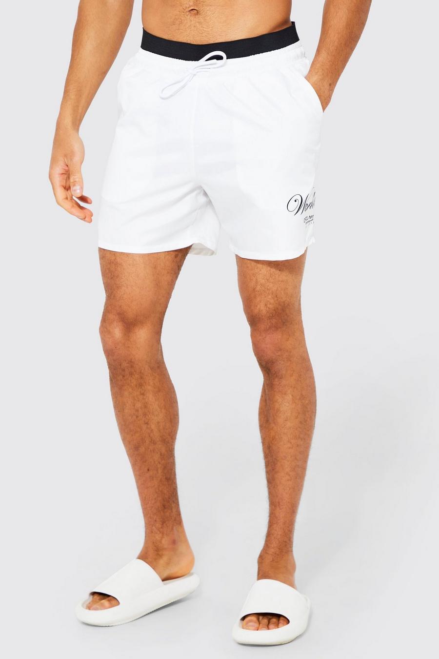 White bianco Mid Length Double Waistband Man Swim Shorts