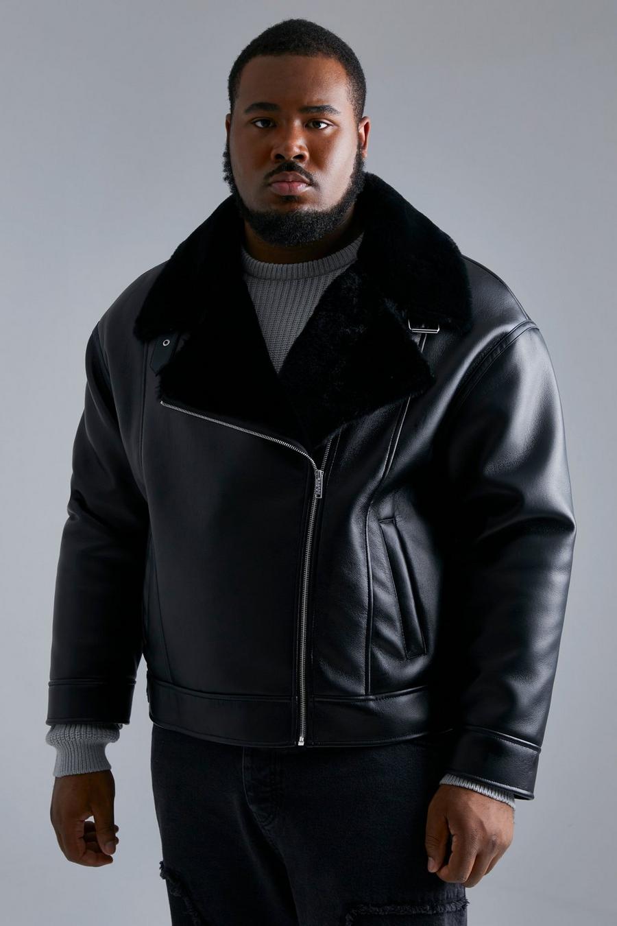 Black Plus Boxy Fit Leather Look Faux Fur Aviator image number 1