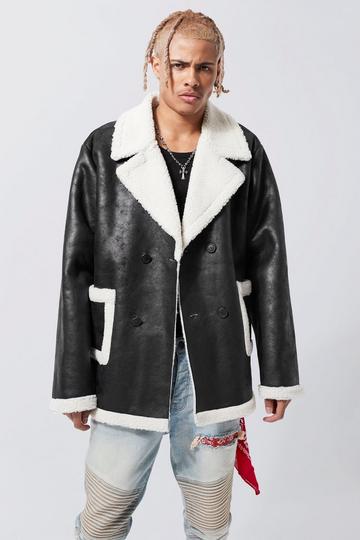 Tall Oversized Nep Suède Aviator Jacket Met Pluizige Zoom black