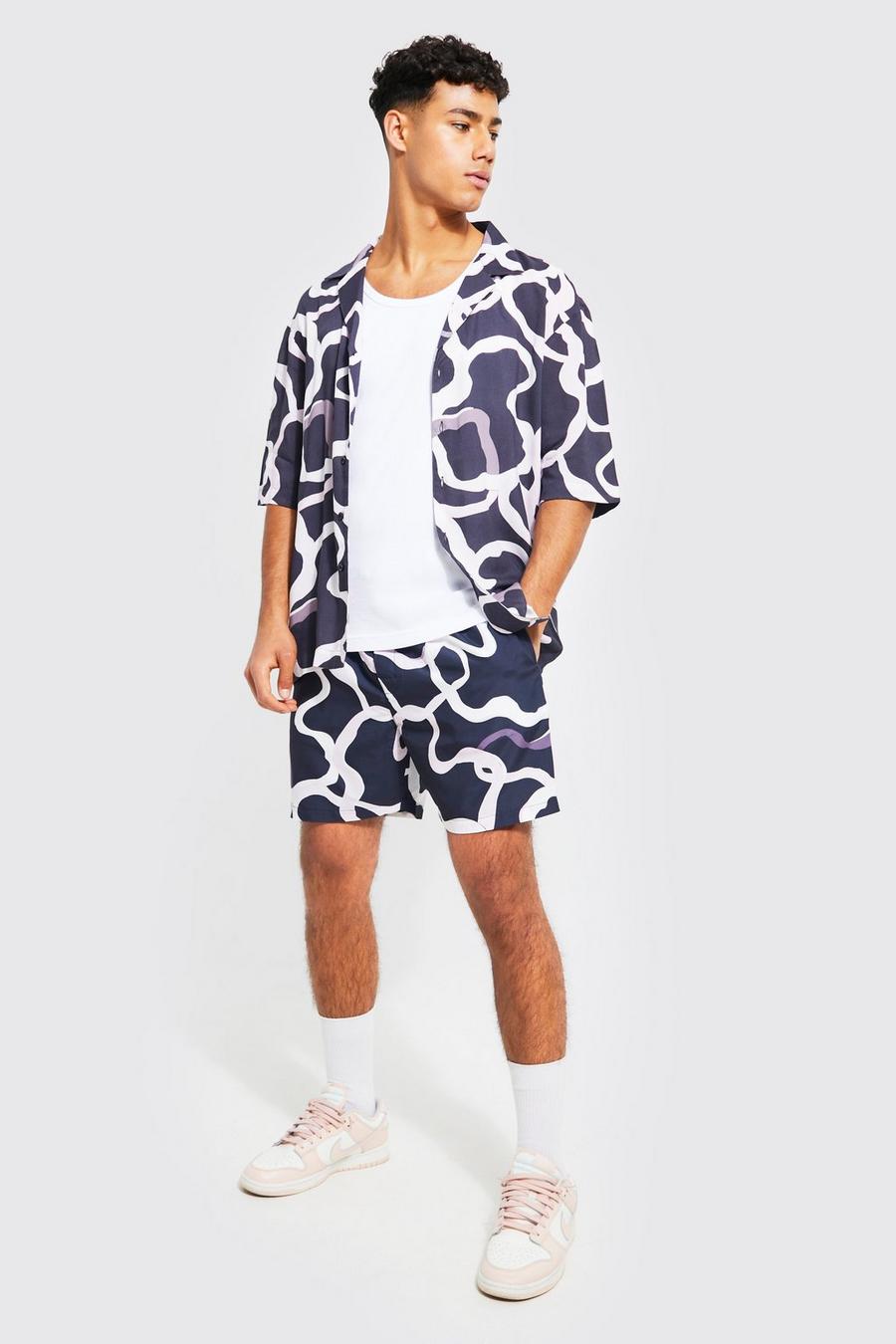 Black Drop Revere Viscose Abstract Shirt And Swims Set image number 1