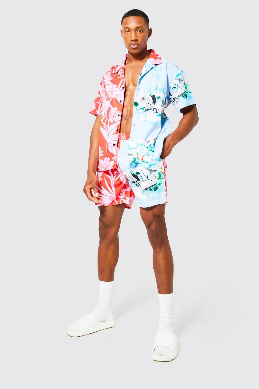 Multi Boxy Slub Spliced Floral Shirt And Swims Set