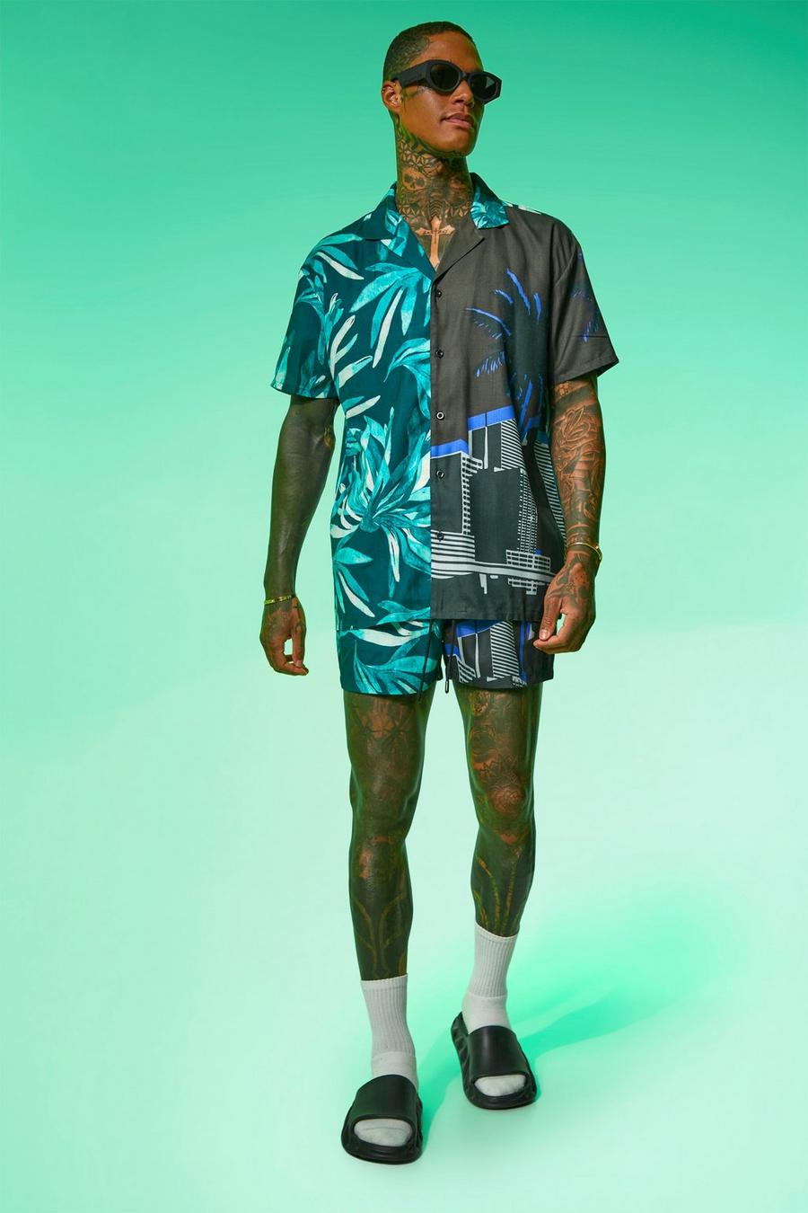 Dark green Oversized Spliced Slub Shirt And Shorts Set image number 1