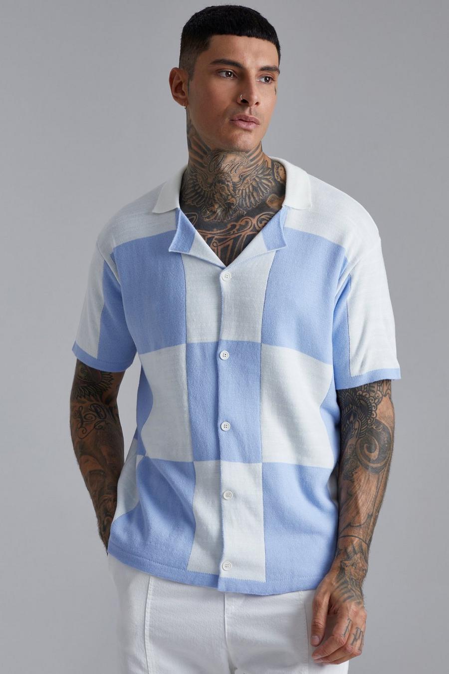 Pale blue Oversized Checked Relaxed Knitted Shirt image number 1