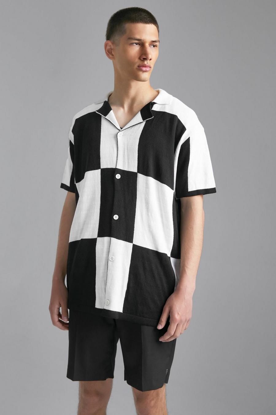 Black Oversized Checked Relaxed Knitted Shirt image number 1
