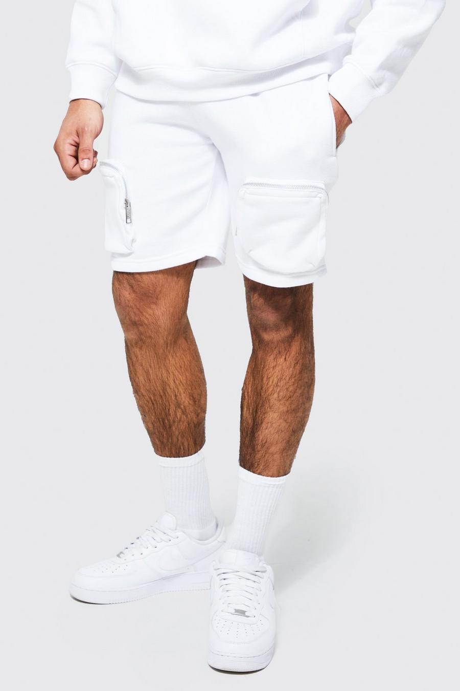Lockere recycelte Cargo Jersey-Shorts mit Reißverschluss, White weiß