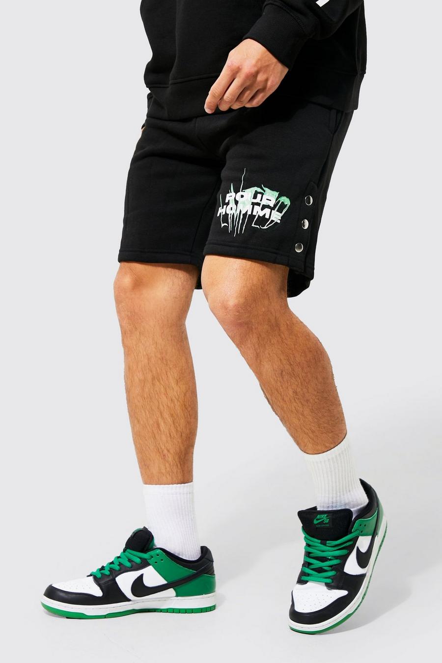 Black Loose Recycled Homme Popper Jersey Shorts