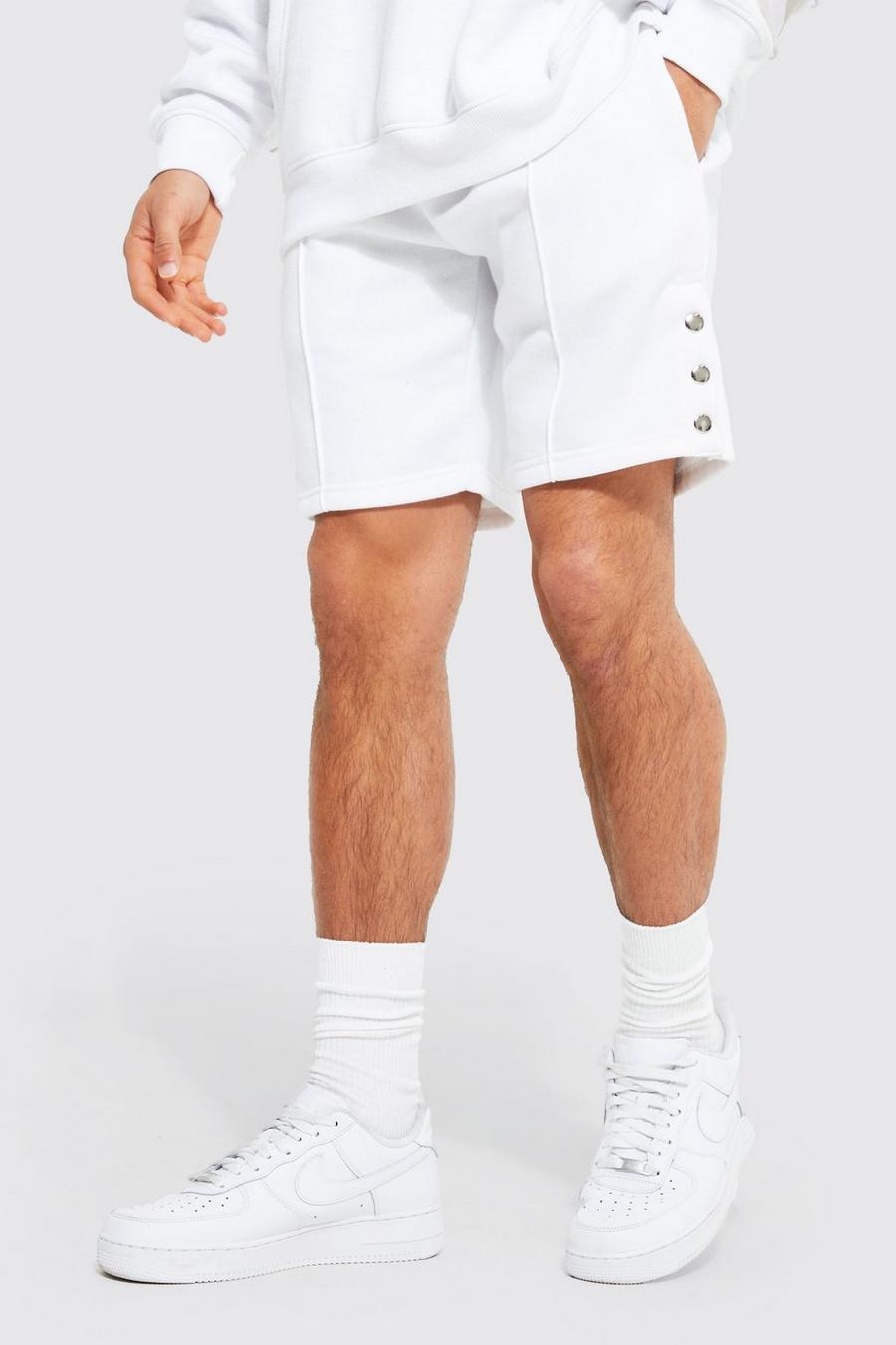 Pantalón corto reciclado holgado de tela jersey con alforza y botones de presión, White bianco