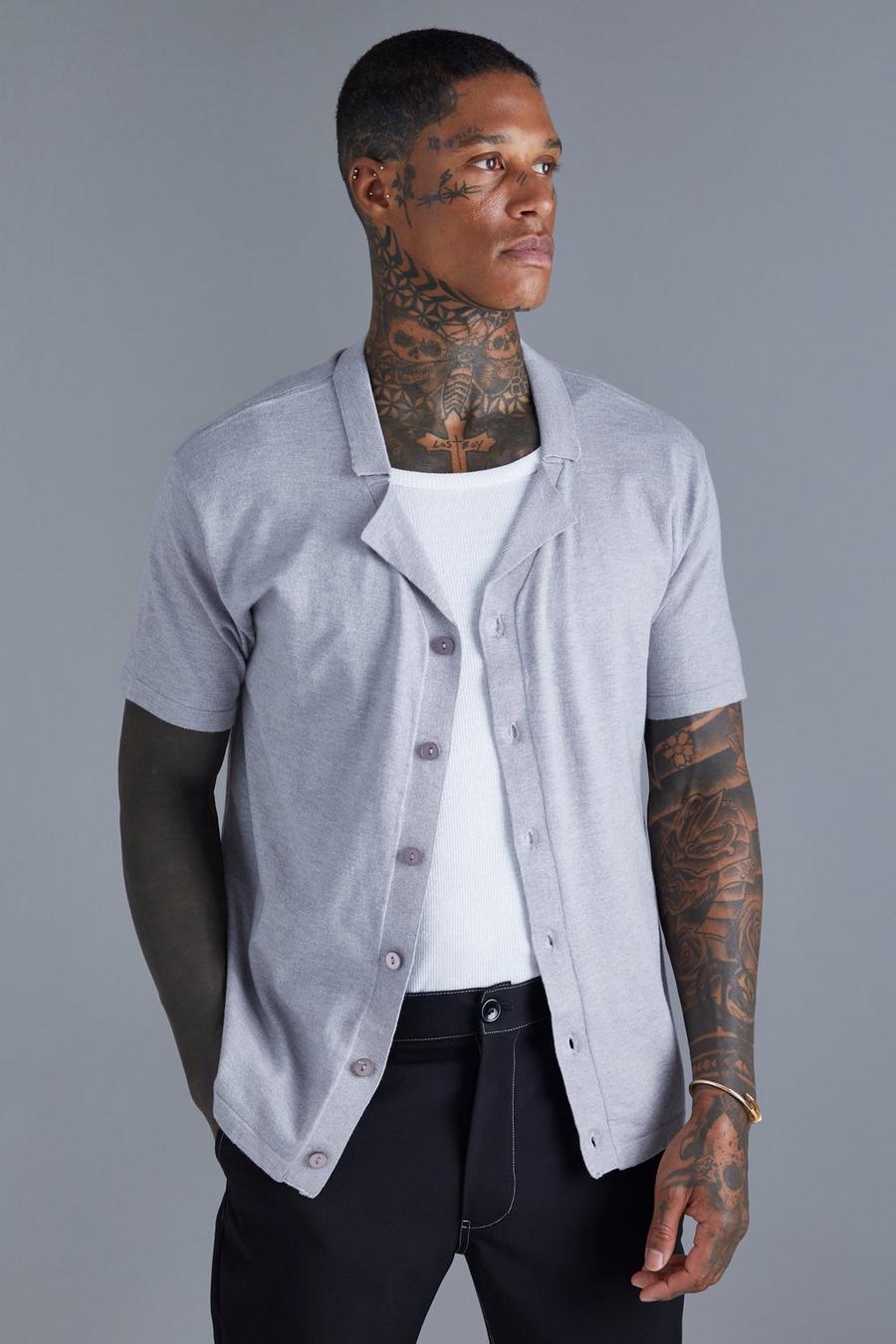 Grey marl Short Sleeve Revere Knitted Shirt   image number 1