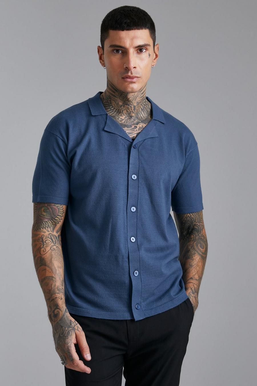 Dusty blue Kortärmad stickad skjorta med bowlingkrage