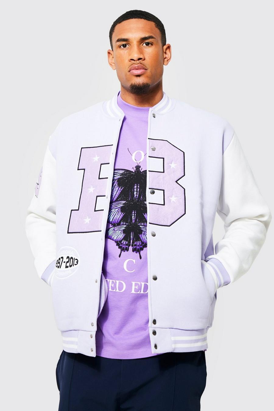 Bomber Tall in jersey con stemmi ad applique stile Varsity, Lilac morado image number 1