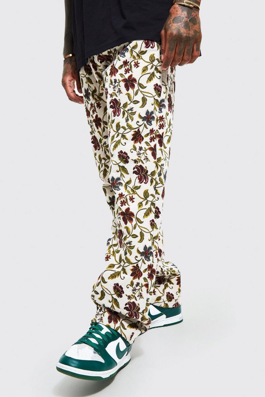 Ecru Relaxed Fit Floral Tapestry Jeans image number 1