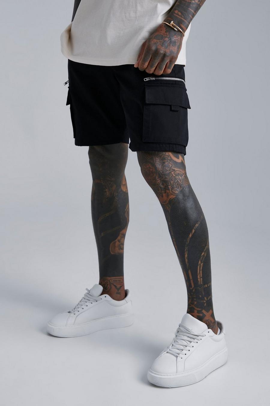Black Slim Fit Twill Zip Pocket Cargo Shorts image number 1