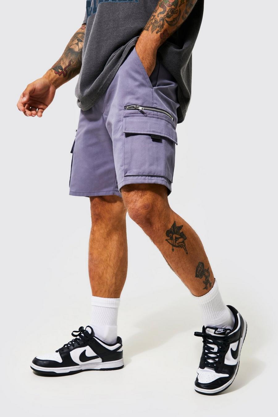 Pantaloncini Cargo Slim Fit in twill con tasche e zip, Grey image number 1