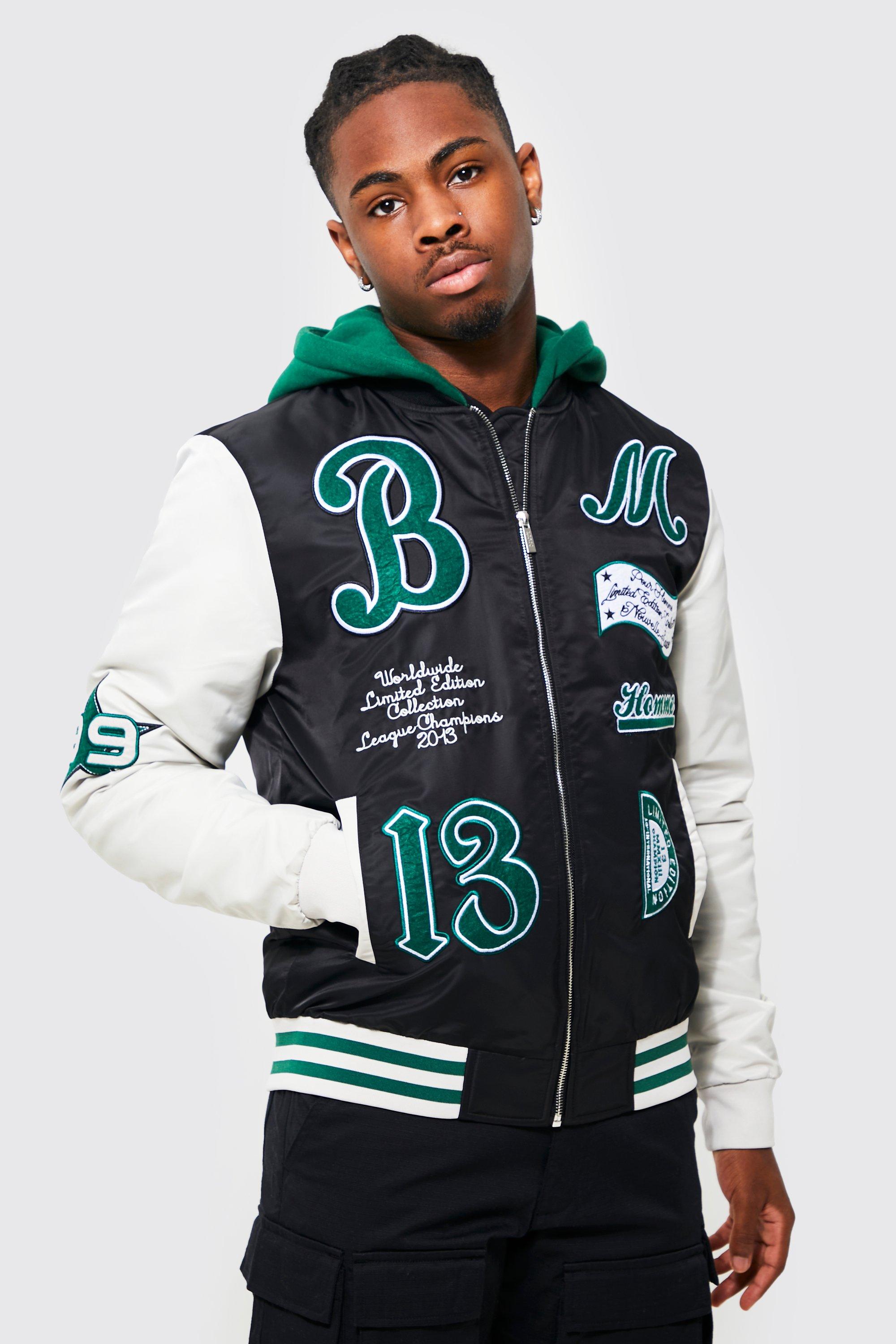 Hooded varsity jacket mens on sale