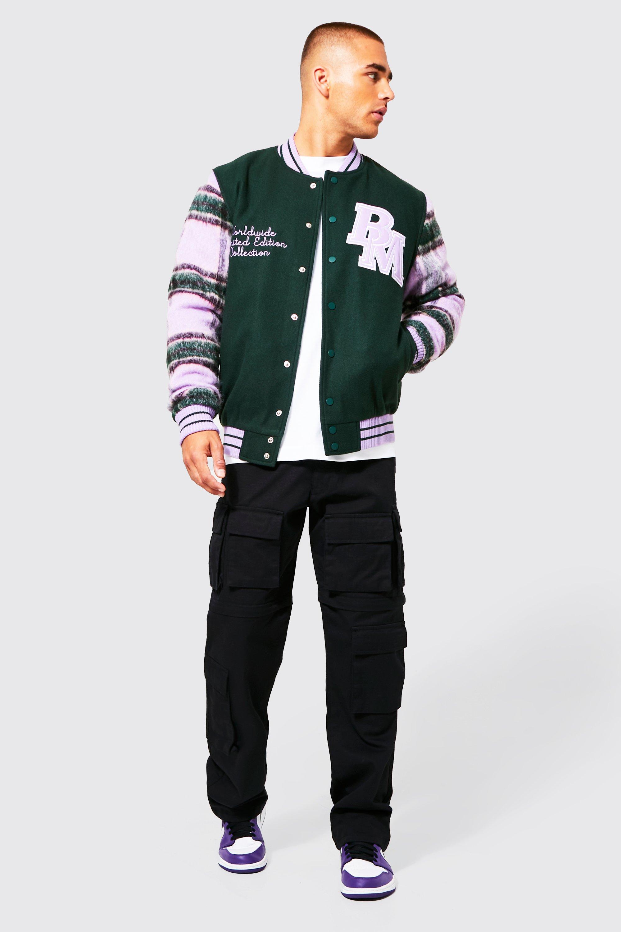 Hooded Varsity Jacket Mens in Forest Green