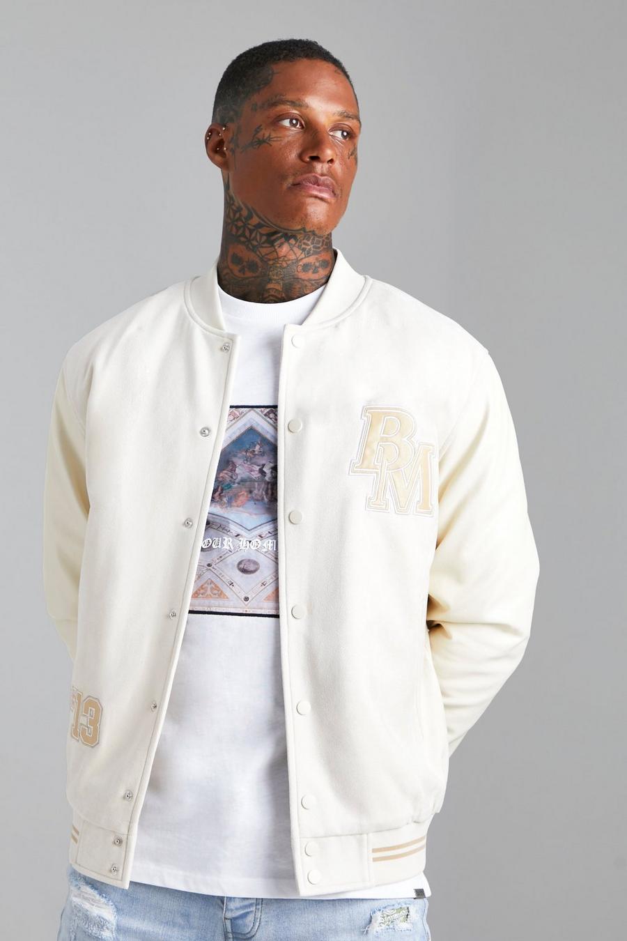 Ecru white Oversized Suede Badge Bomber With Pu Sleeves image number 1