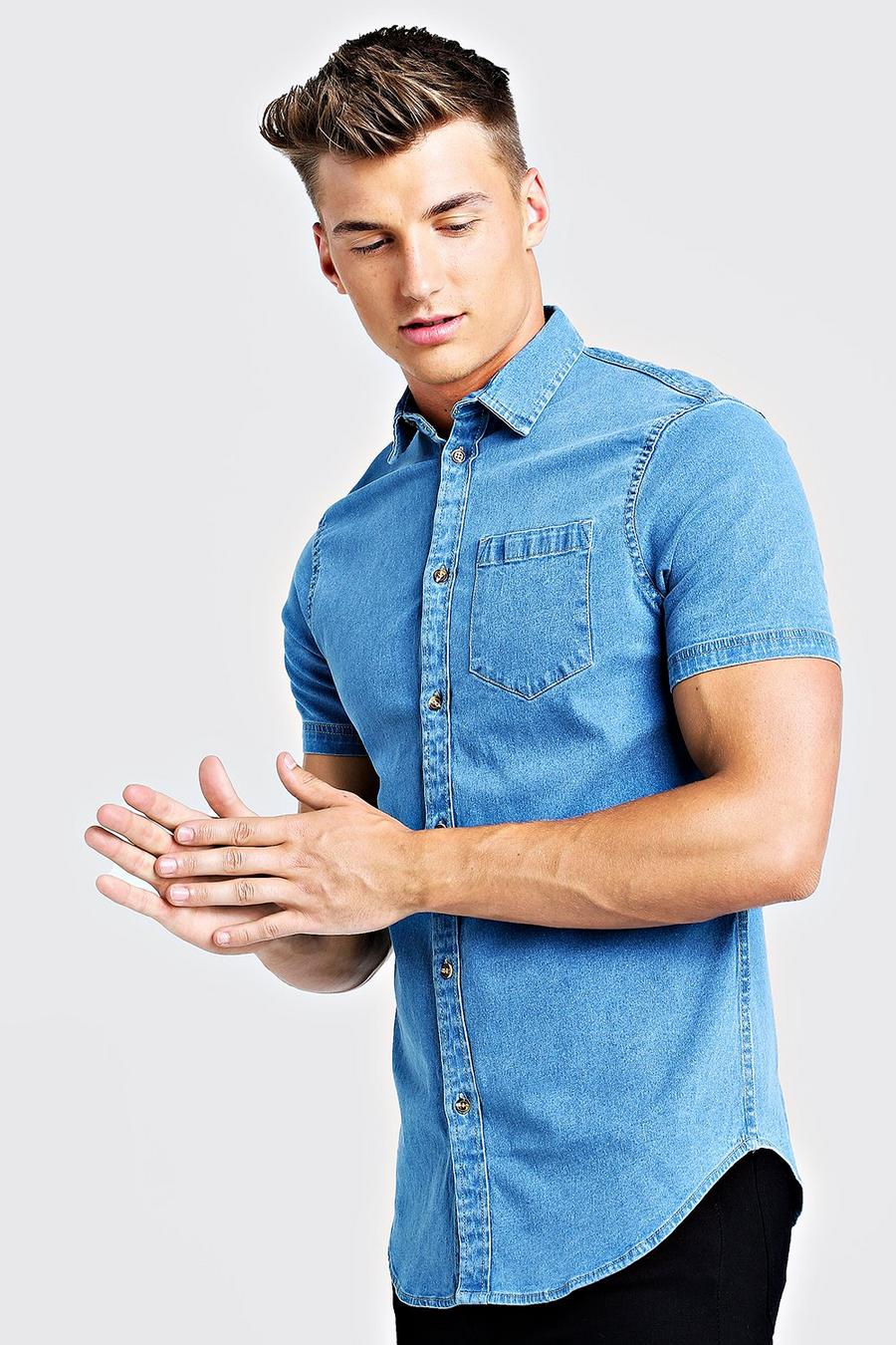 Mid blue azzurro Short Sleeve Denim Shirt In Muscle Fit