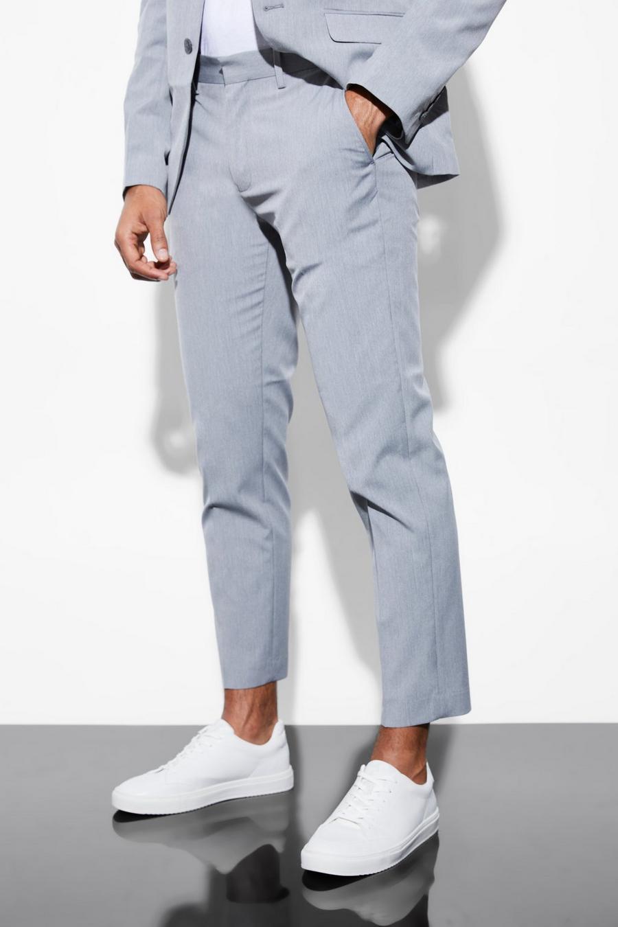 Grey Slim Cropped Suit ruffled Trousers