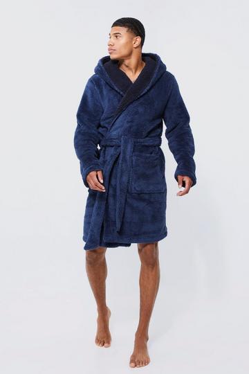 Borg Lined Hooded Dressing Gown navy