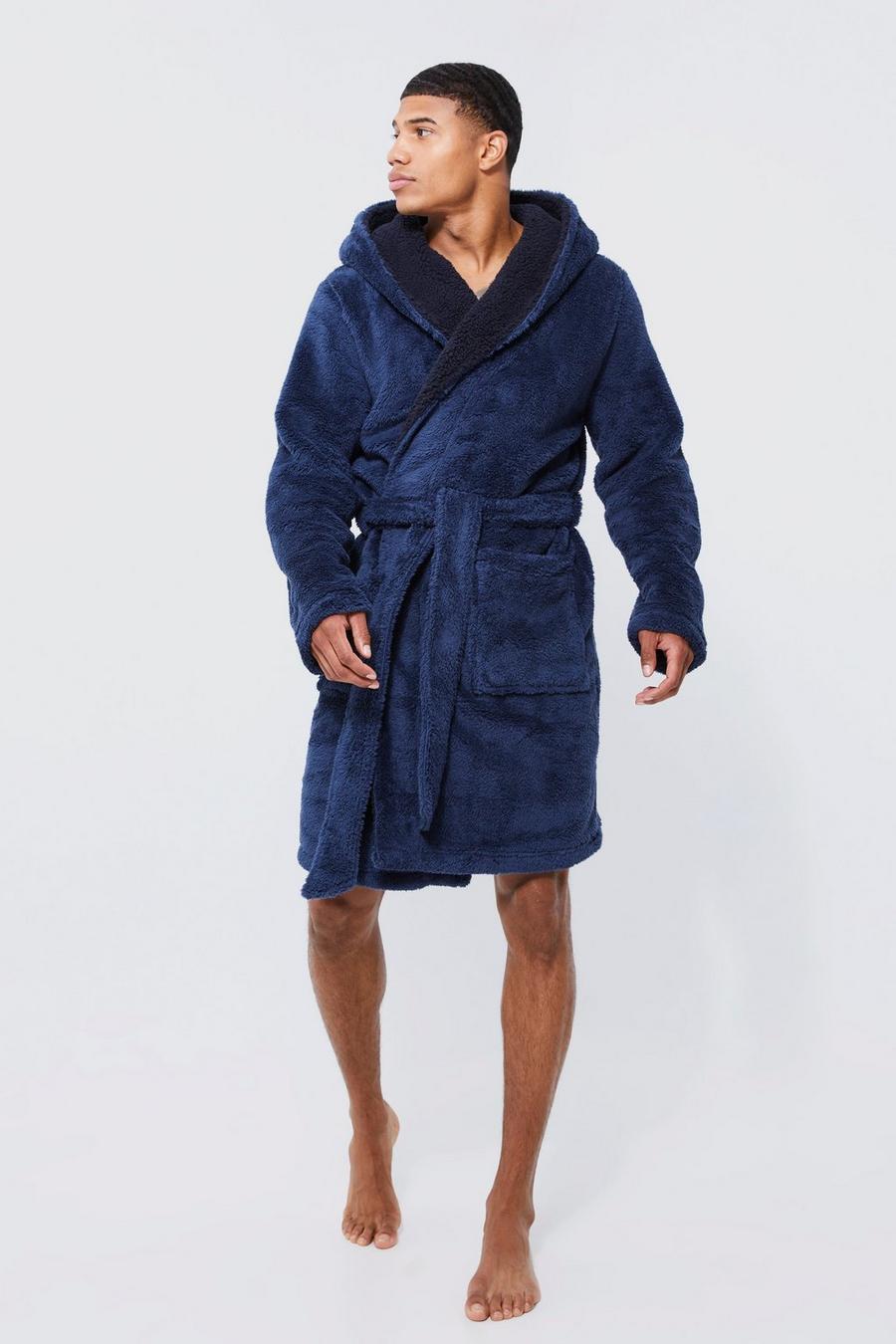 Navy marinblå Borg Lined Hooded Dressing Gown  image number 1