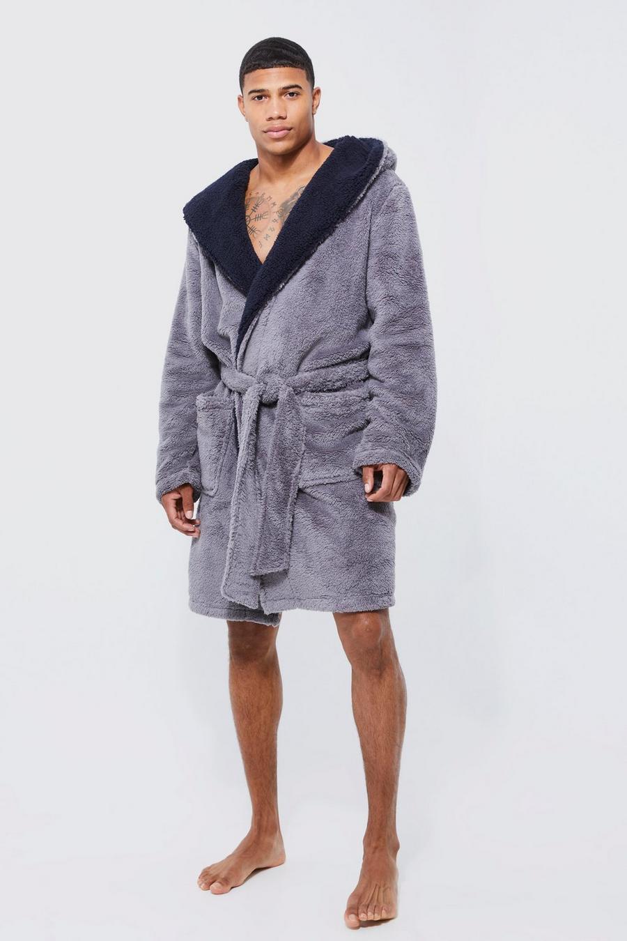 Charcoal grå Borg Lined Hooded Dressing Gown 