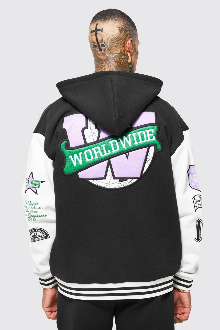 Black Worldwide Applique Hooded Varsity Jacket image number 1
