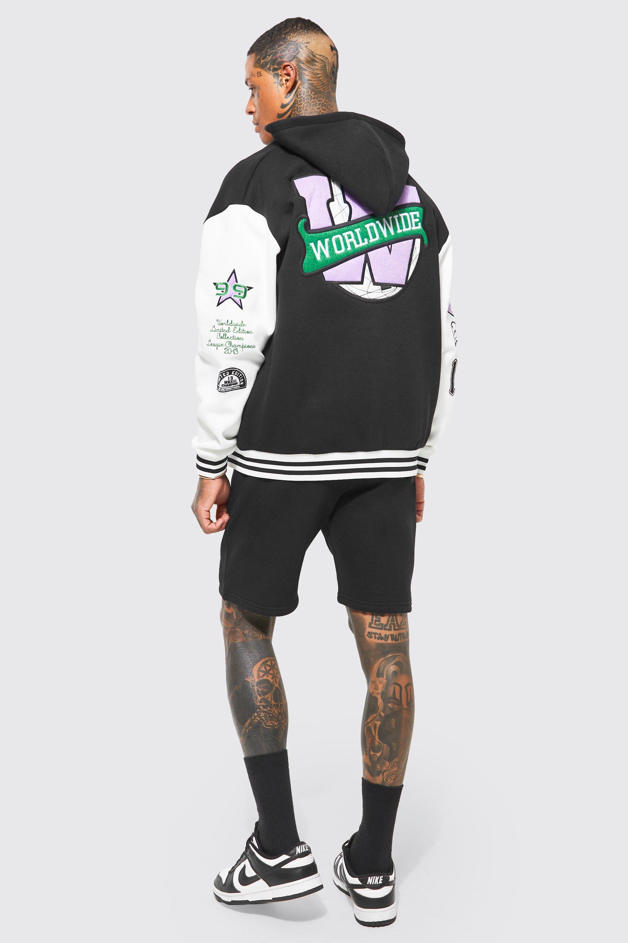 Champion hooded varsity jacket sales