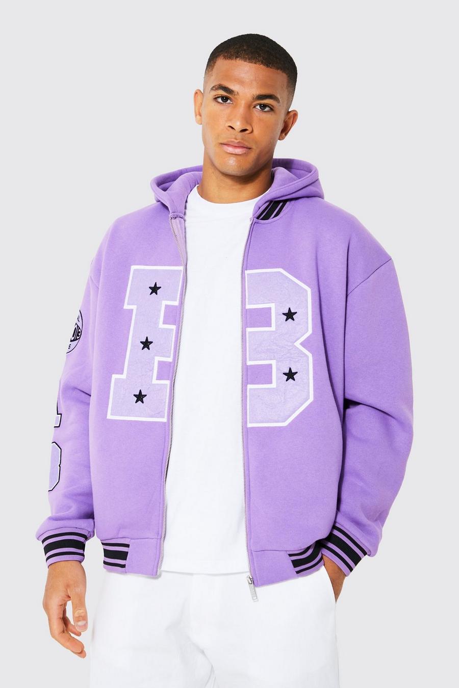 Purple B Applique Hooded Varsity Jacket image number 1
