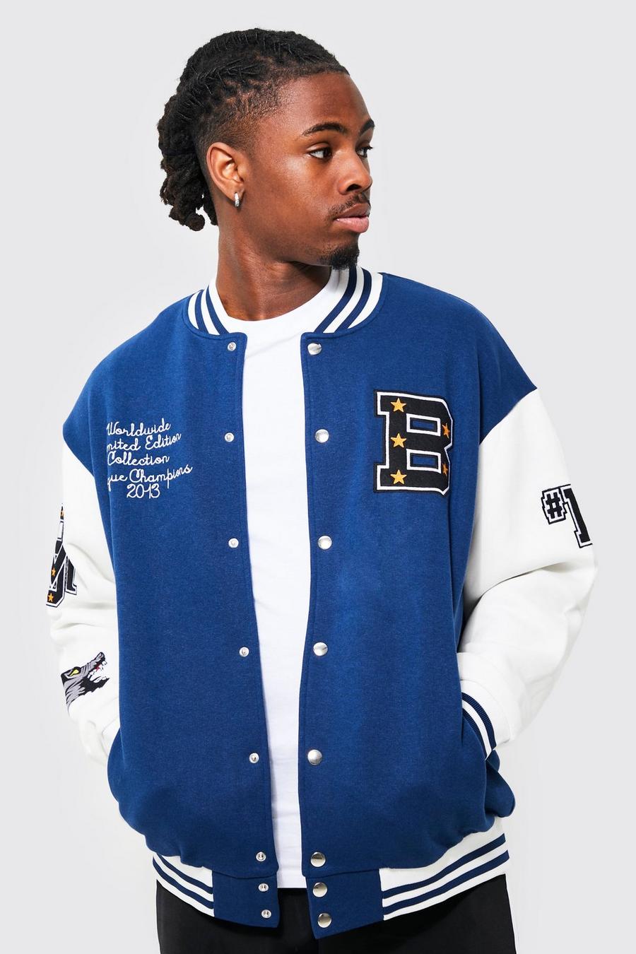 Navy Wolf Sports Rib Varsity Jacket image number 1