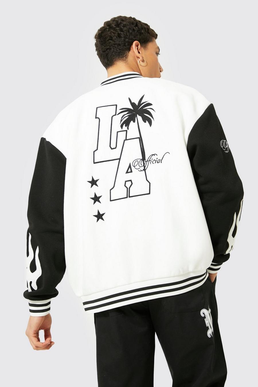 Chaqueta bomber universitaria de tela jersey con estampado de LA, White image number 1