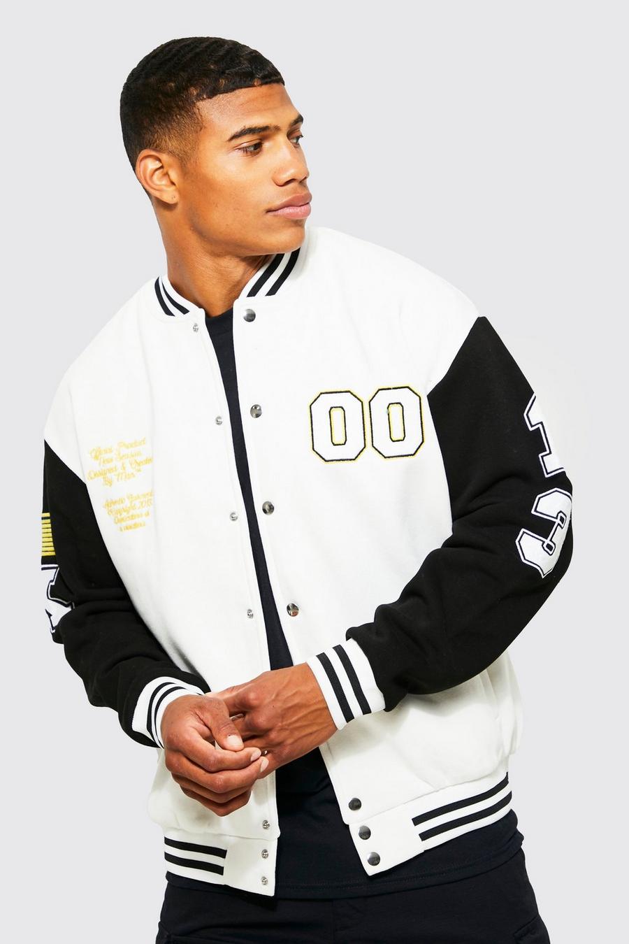 White Jersey Varsity Bomber Jacket With Badges image number 1