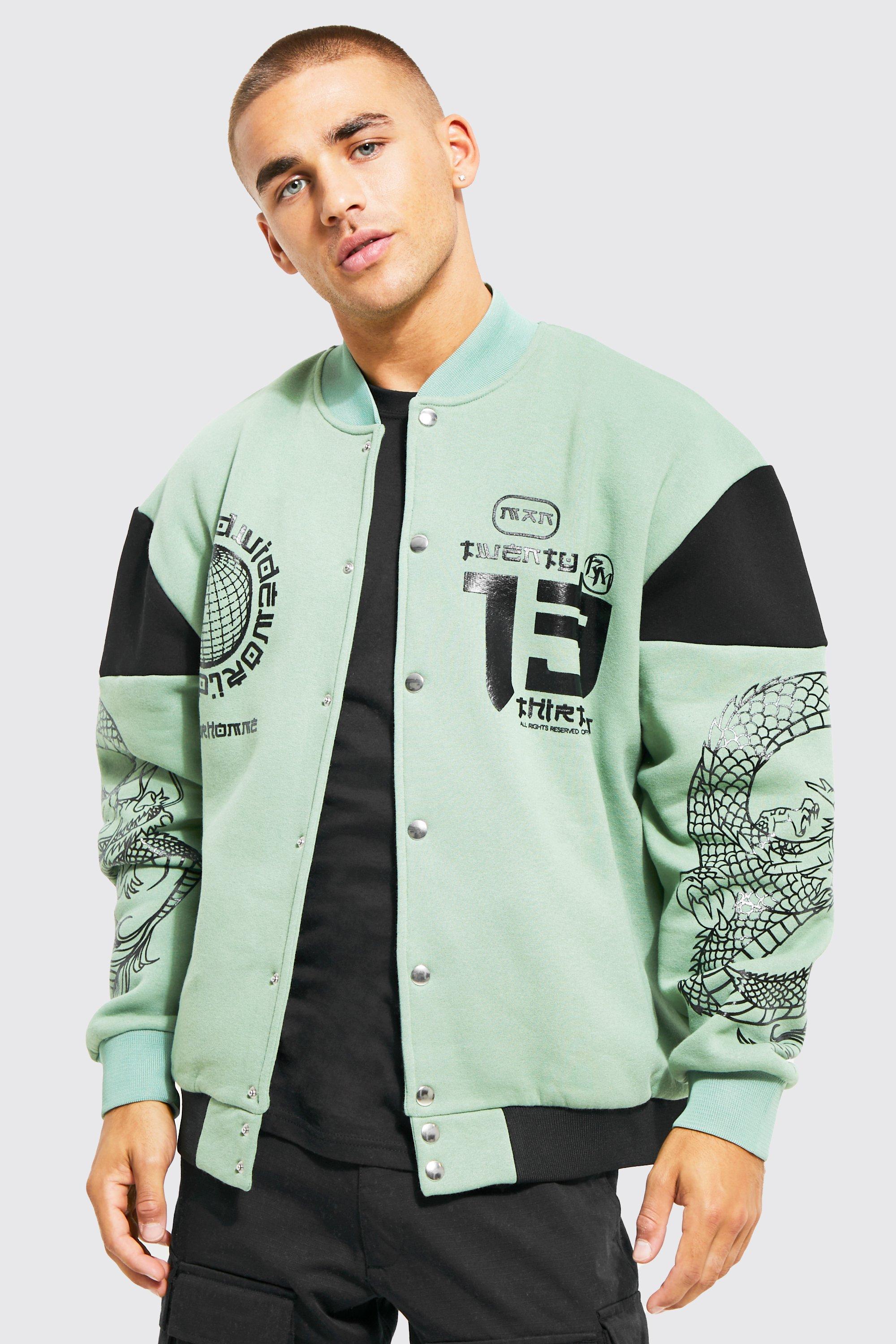 boohooMAN Men's Official Man Back Skeleton Varsity Jacket