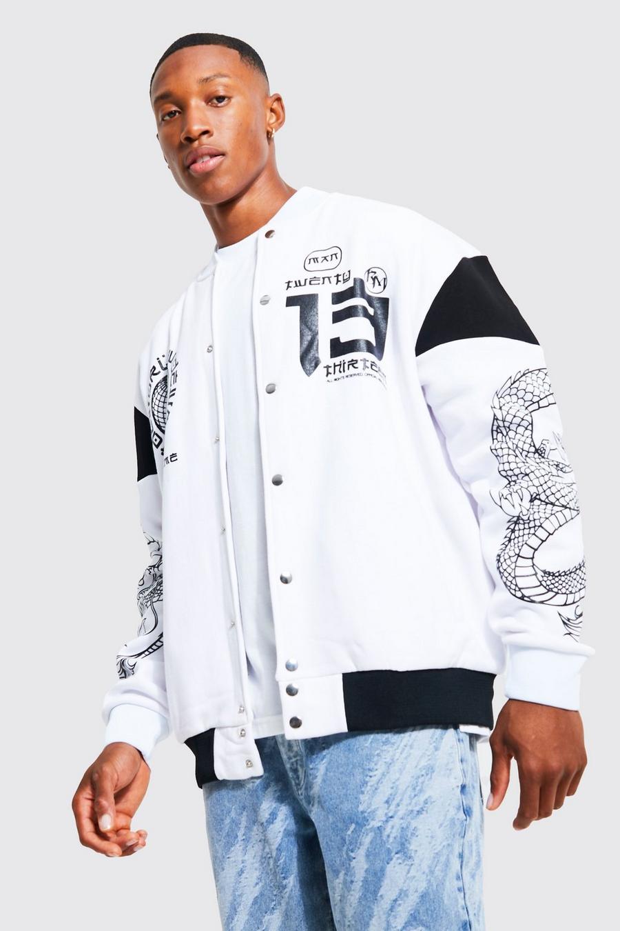 White Oversized Dragon Graphic Jersey Bomber image number 1