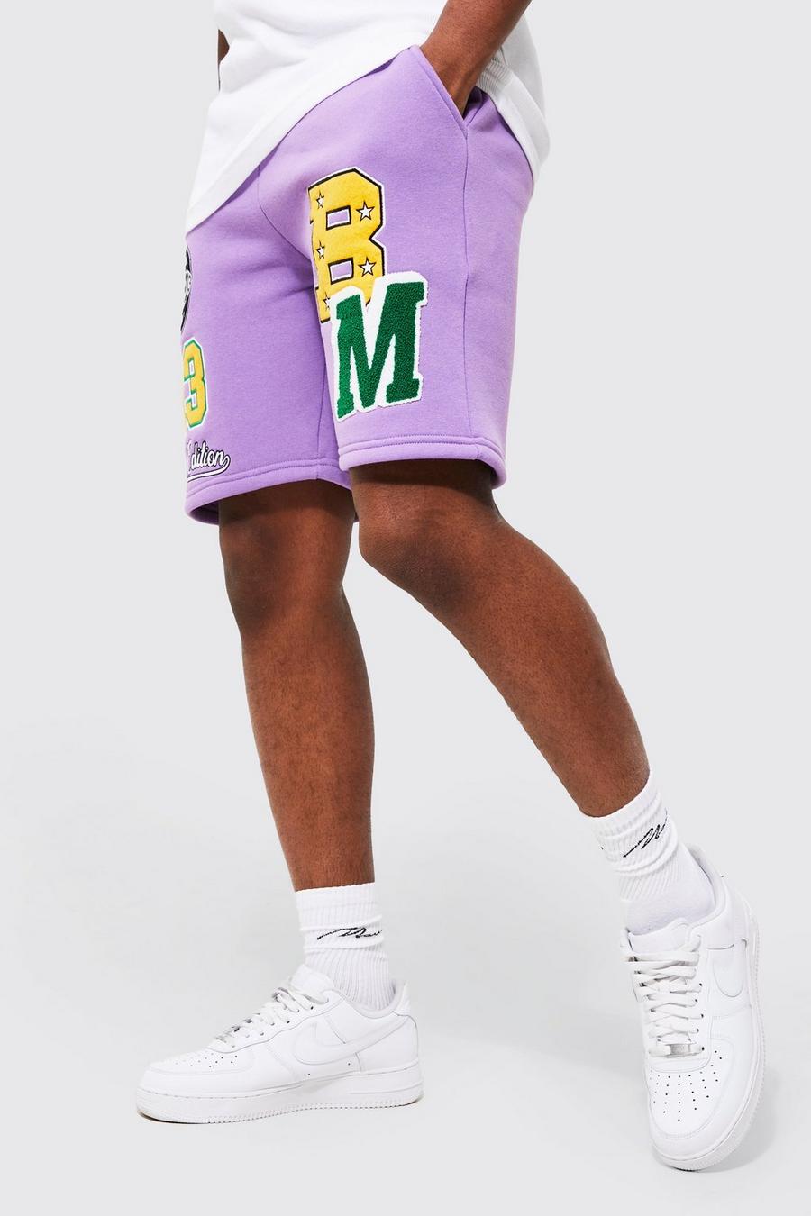 Purple Loose Fit Varsity Graphic Jersey Shorts image number 1