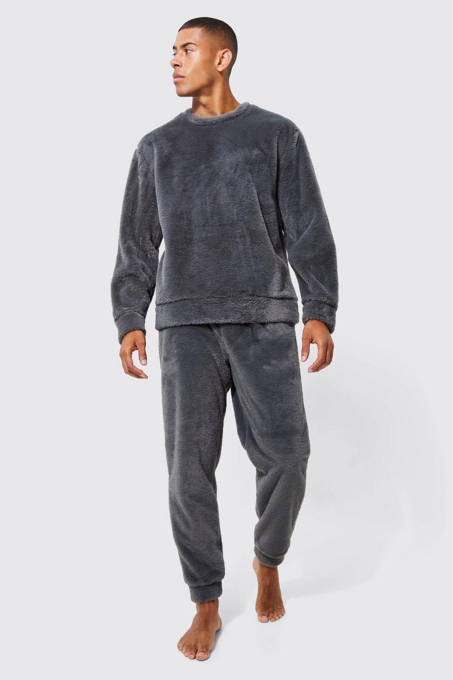 Charcoal grigio Faux Fur Oversized Sweater and Cuffed Jogger Lounge Set