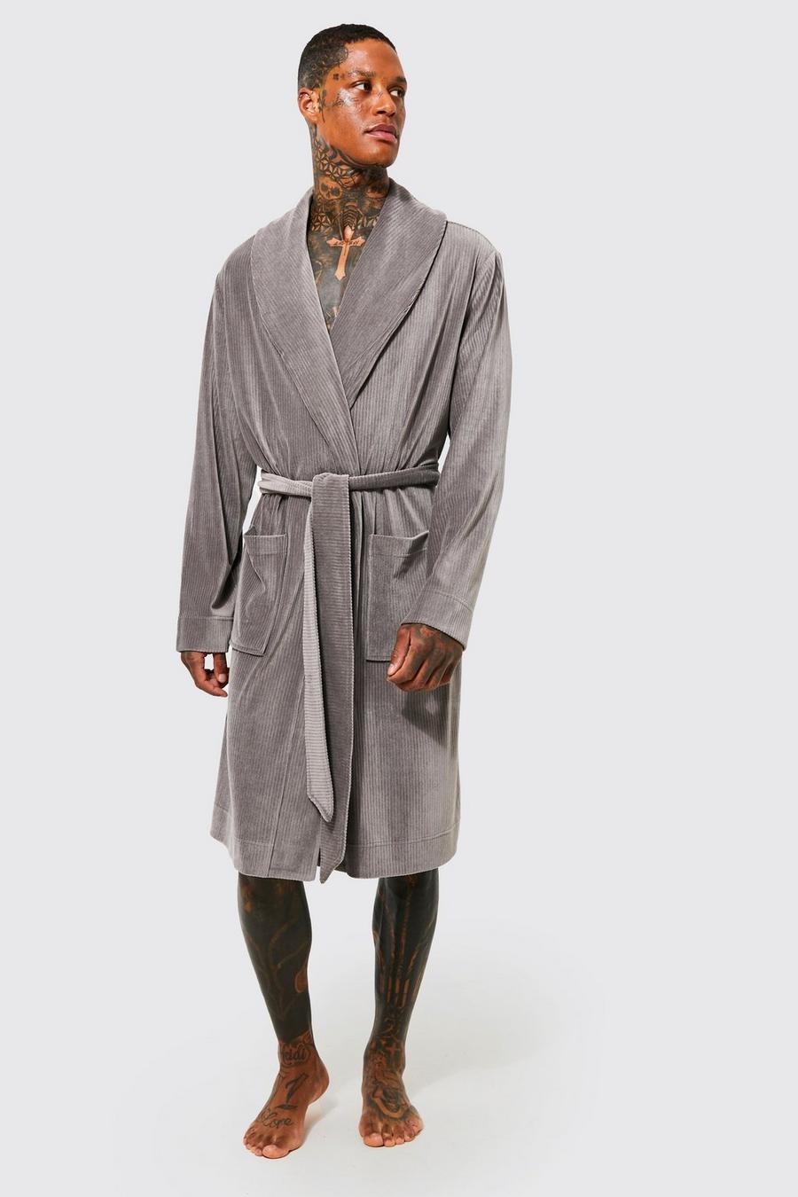 Charcoal gris Soft Stripe Fleece Shawl Collar Dressing Gown