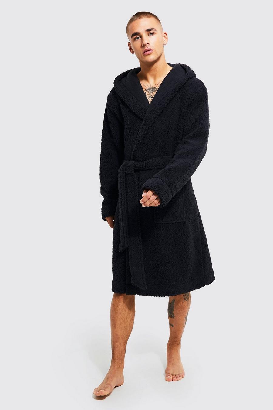 Robe de chambre à capuche en faux mouton, Black image number 1