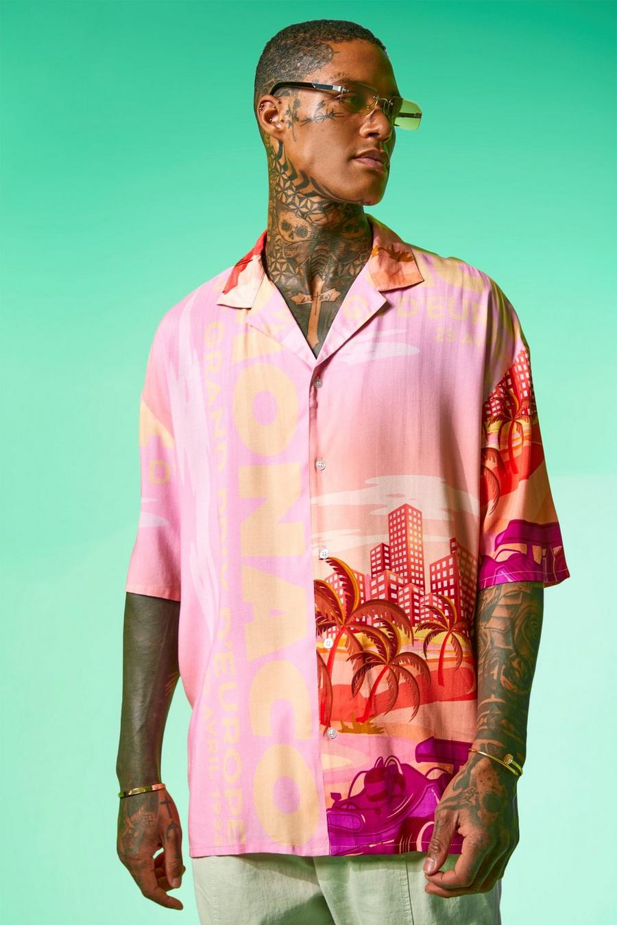 Camisa oversize de viscosa y manga corta con estampado gráfico, Multi multicolor image number 1