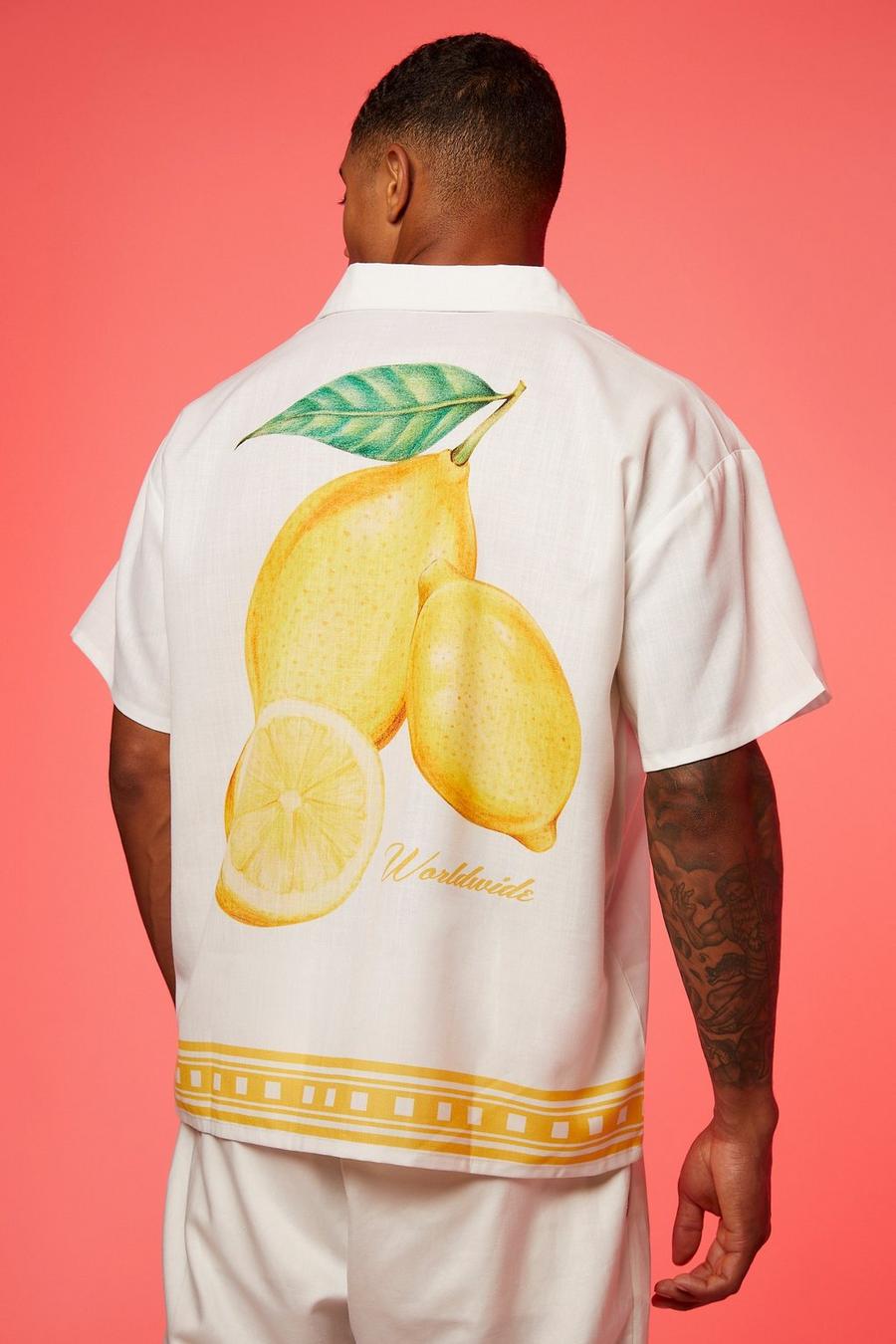 Camisa de manga corta recta con estampado de limones y solapas, White bianco
