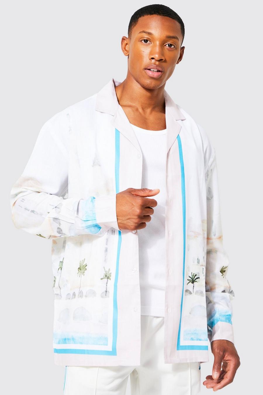 Camisa de manga larga con solapas y estampado de palmeras, Ecru bianco image number 1