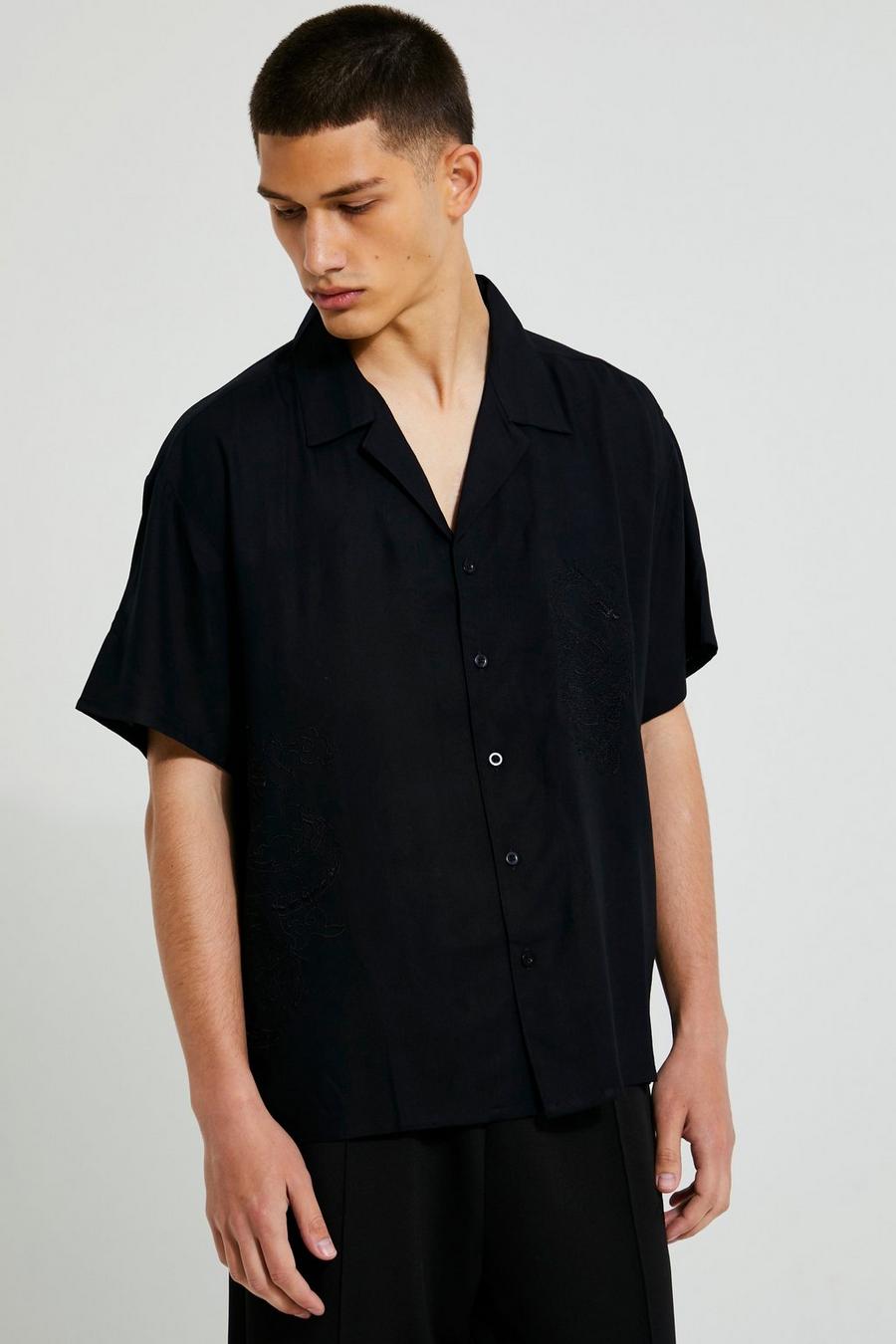 Black Boxy Short Sleeve Dragon Embroidery Viscose Shirt image number 1