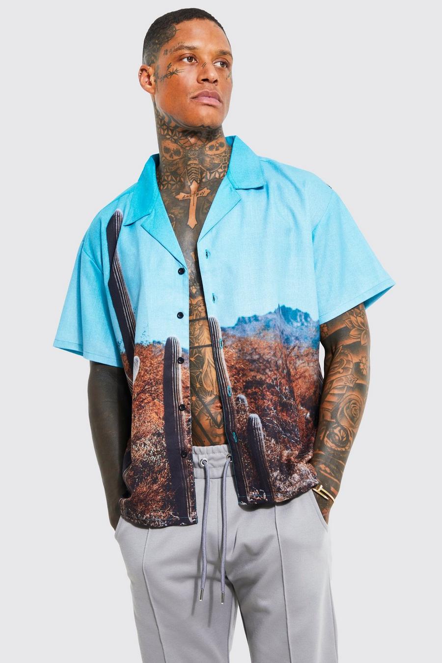 Light blue Short Sleeve Boxy Slub Desert Print Shirt  image number 1