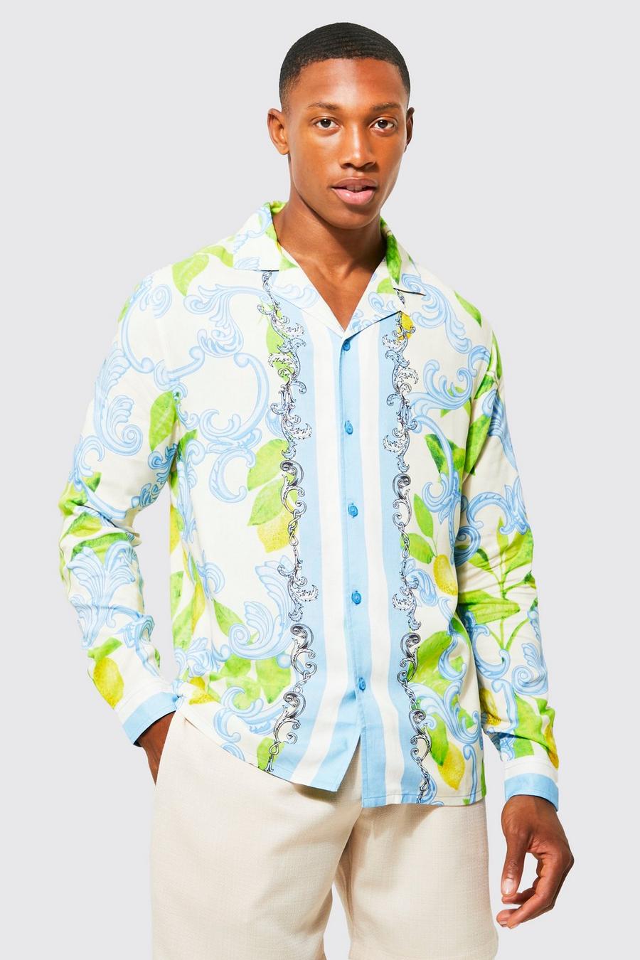 Camisa de viscosa y manga larga con estampado de limón, Light blue image number 1