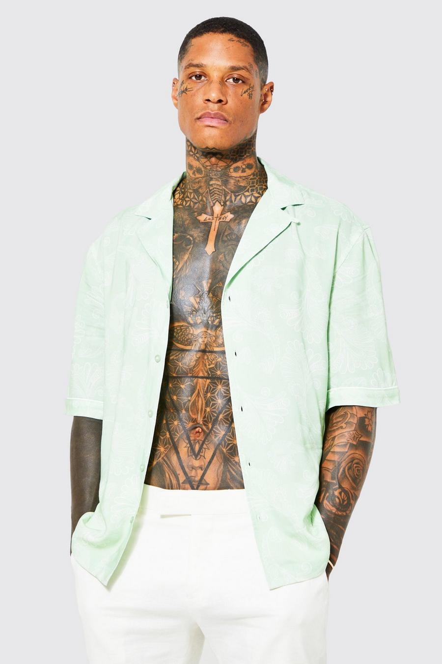 Sage green Short Sleeve Dropped Revere Paisley Shirt