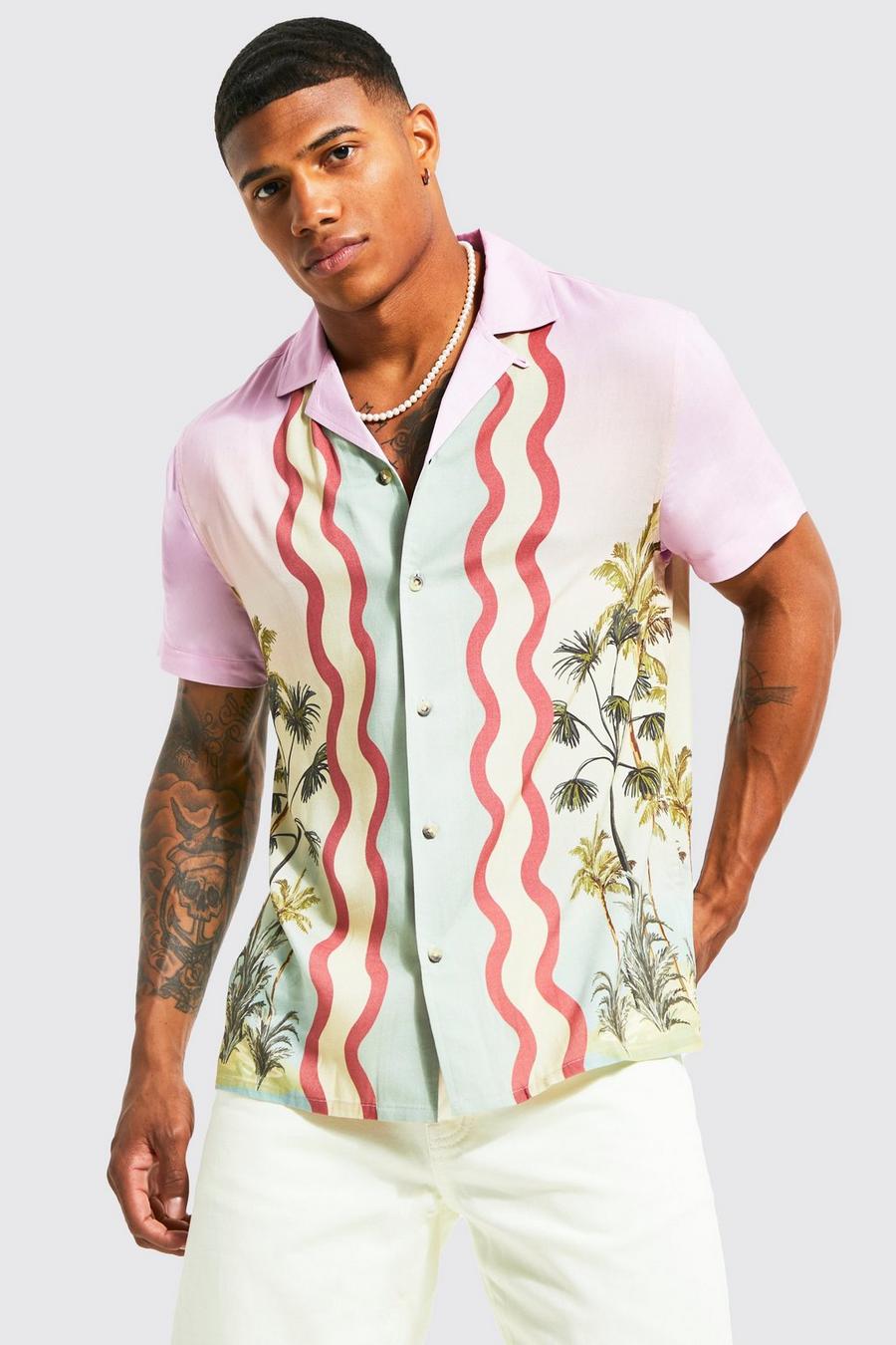 Light pink Short Sleeve Palm Wavy Viscose Revere Shirt  image number 1