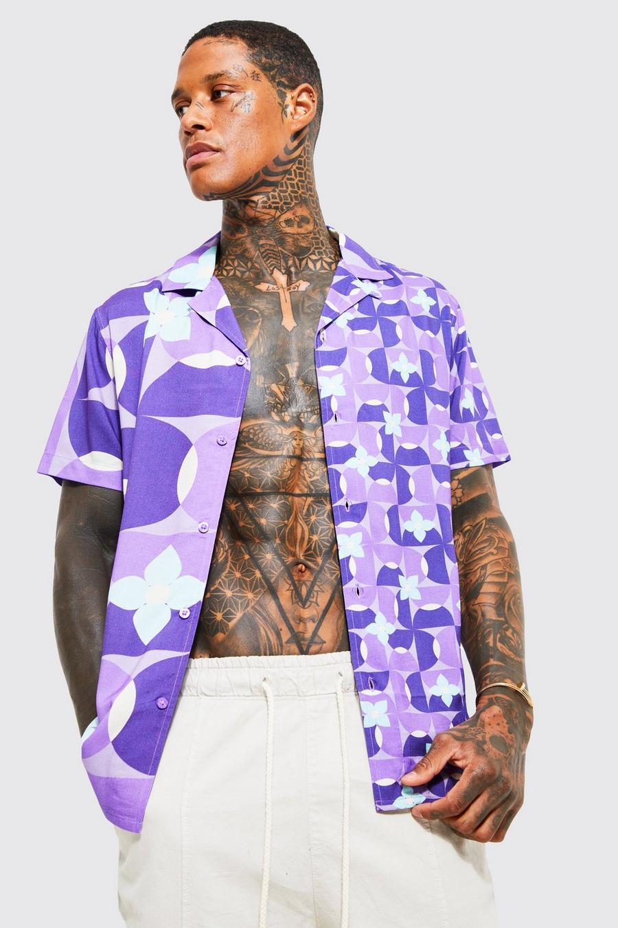 Purple Short Sleeve Viscose Geo Revere Shirt  image number 1