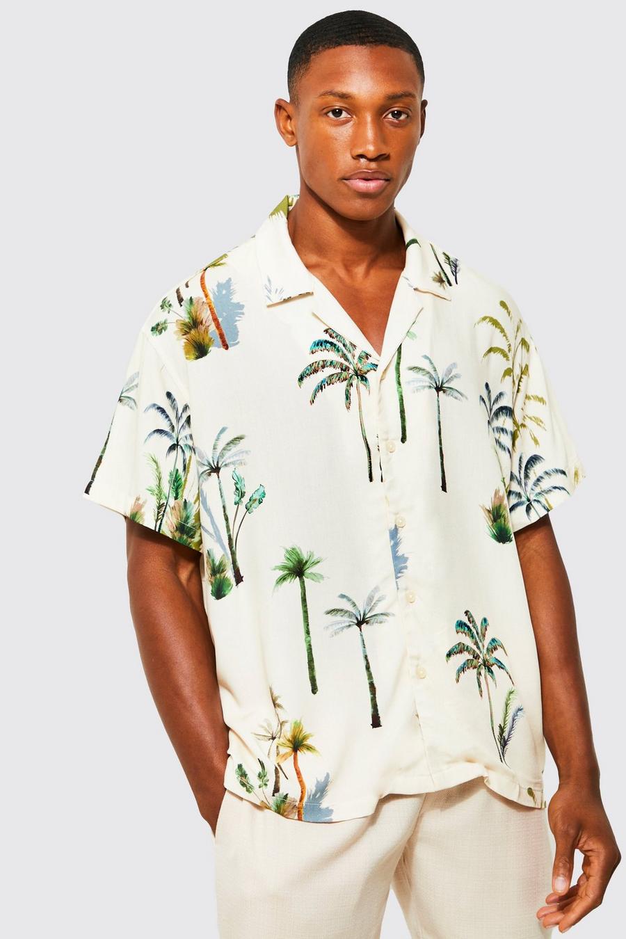 Camicia squadrata in viscosa con palme e rever, Ecru bianco image number 1