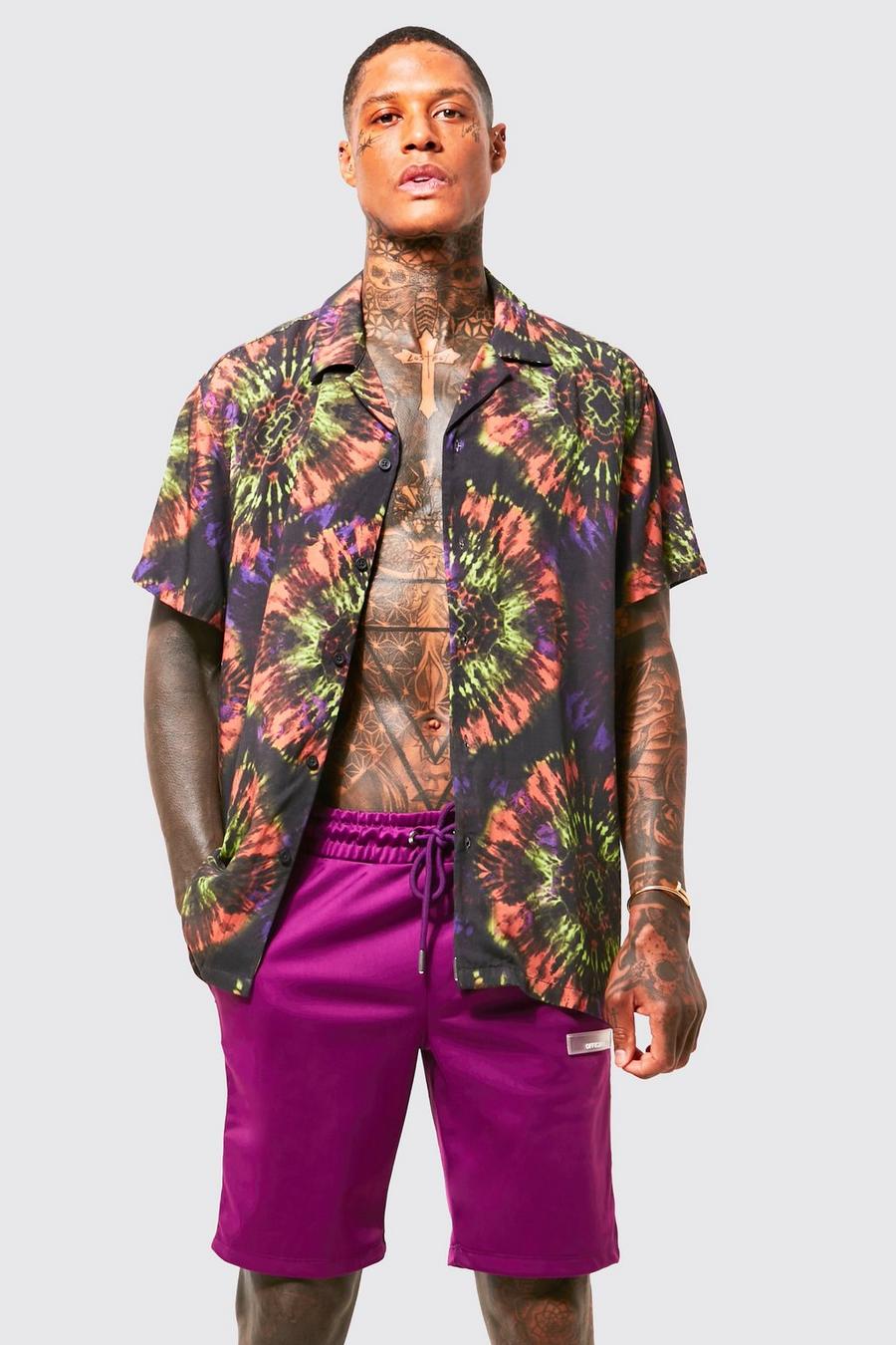 Camicia oversize in viscosa in fantasia tie dye con rever, Multi image number 1